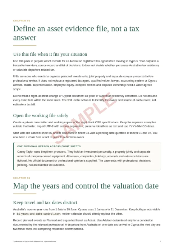 Years, dates and ownership, a sample page from The Australia to Cyprus Asset Evidence File