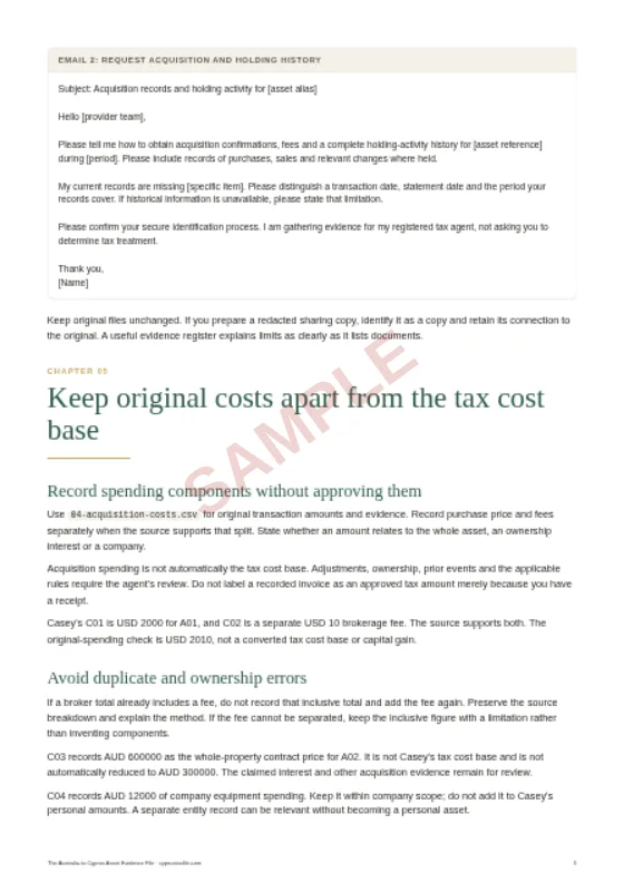Original costs and FX evidence, a sample page from The Australia to Cyprus Asset Evidence File