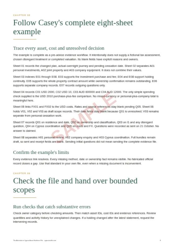 The linked fictional asset file, a sample page from The Australia to Cyprus Asset Evidence File
