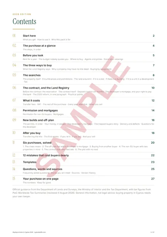 Contents, a sample page from Buying a Home in Cyprus 2026