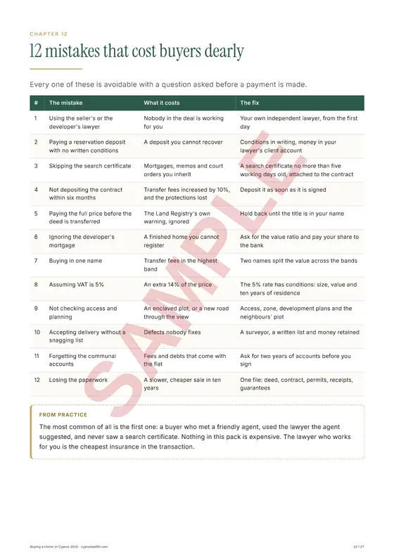 12 mistakes that cost buyers dearly, a sample page from Buying a Home in Cyprus 2026