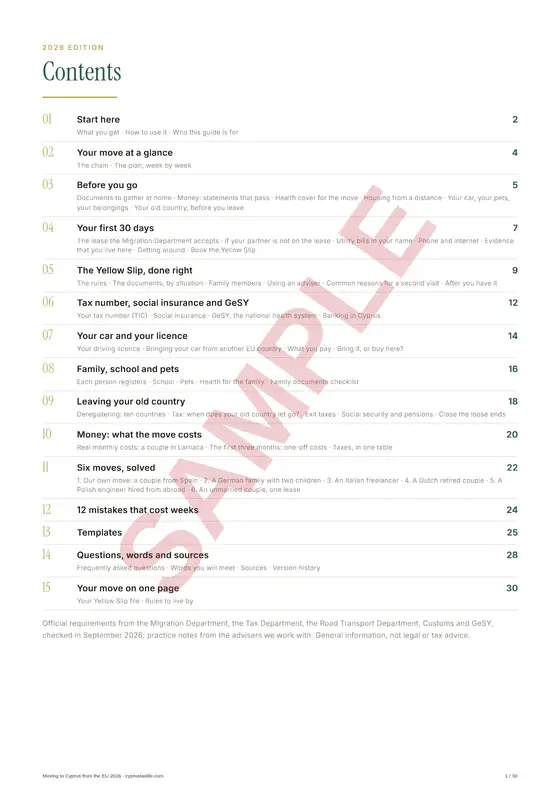 Contents, a sample page from Moving to Cyprus from the EU 2026