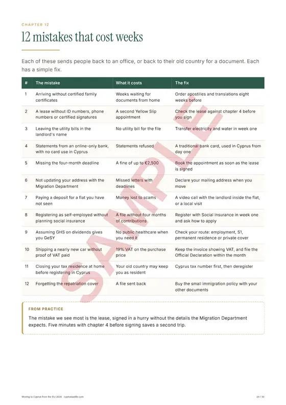 12 mistakes that cost weeks, a sample page from Moving to Cyprus from the EU 2026