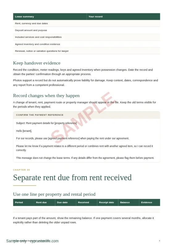 Rent and deposit records, a sample page from The Cyprus Landlord Records Kit