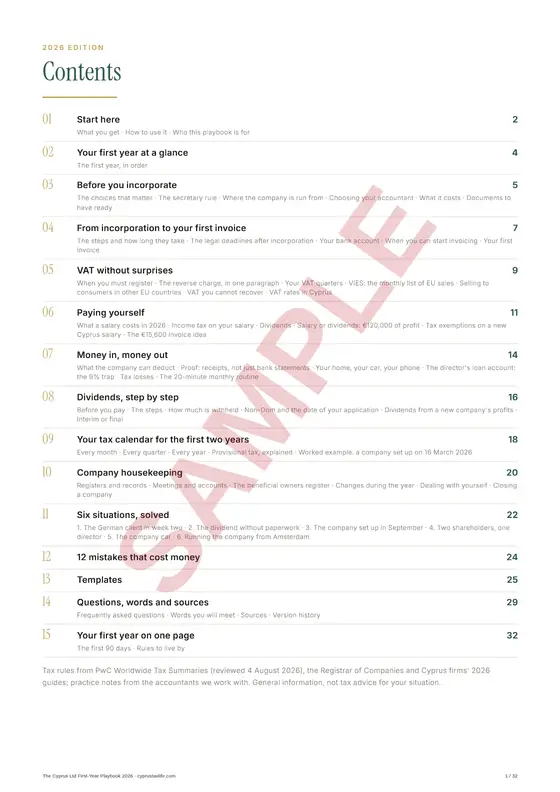 Contents, a sample page from The Cyprus Ltd First-Year Playbook 2026