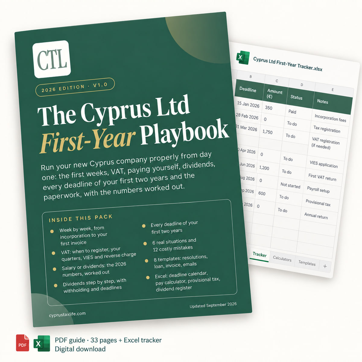 The Cyprus Ltd First-Year Playbook 2026: the PDF guide and its Excel tracker