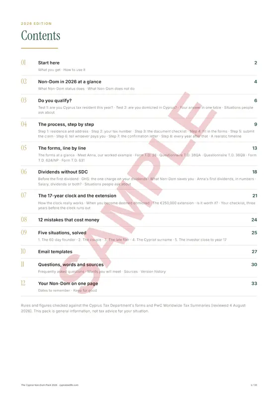 Contents, a sample page from The Cyprus Non-Dom Pack 2026