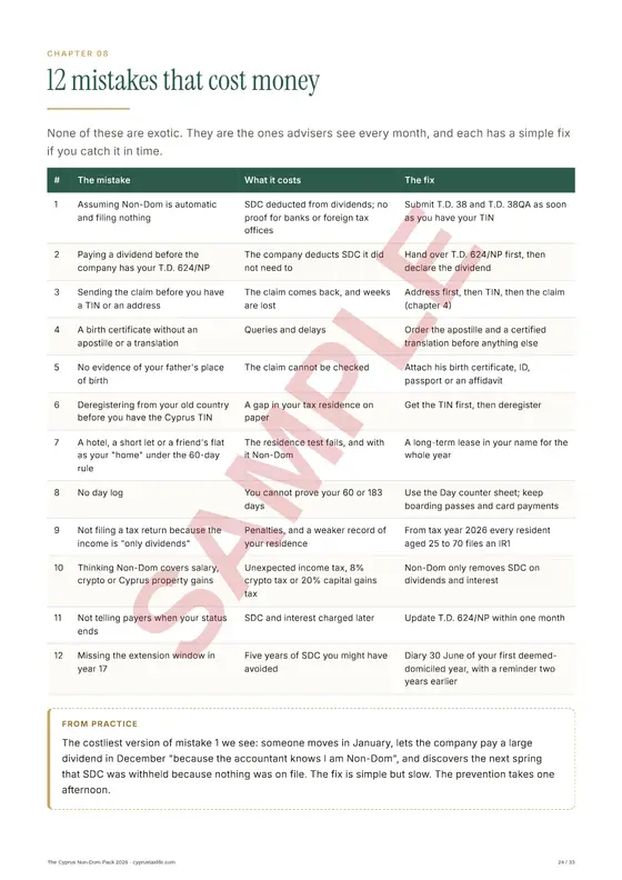 12 mistakes that cost money, a sample page from The Cyprus Non-Dom Pack 2026