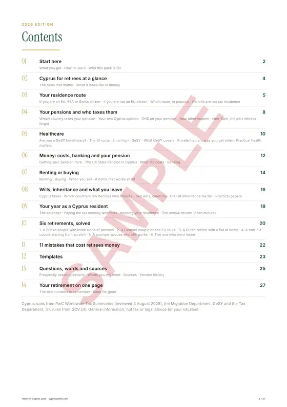Contents, a sample page from Retire in Cyprus 2026
