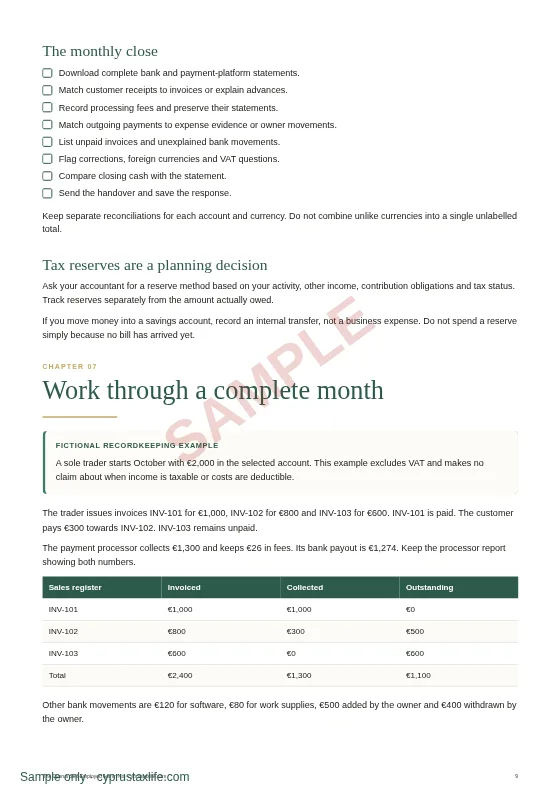 A worked monthly reconciliation, a sample page from The Cyprus Self-Employed Admin Kit