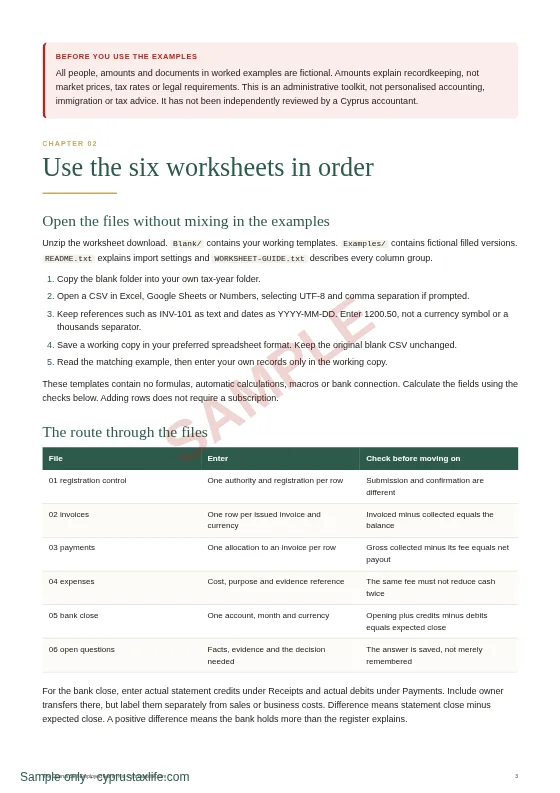 How to use the six worksheets, a sample page from The Cyprus Self-Employed Admin Kit