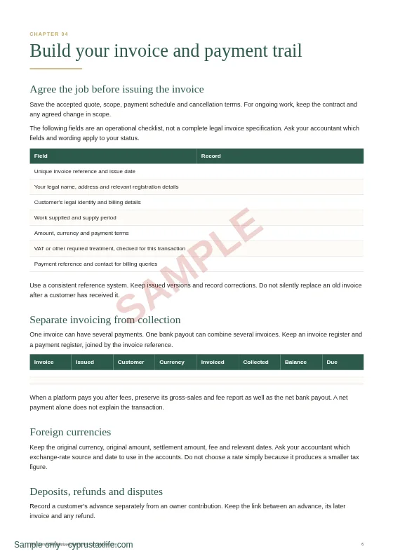 Invoices and payment evidence, a sample page from The Cyprus Self-Employed Admin Kit