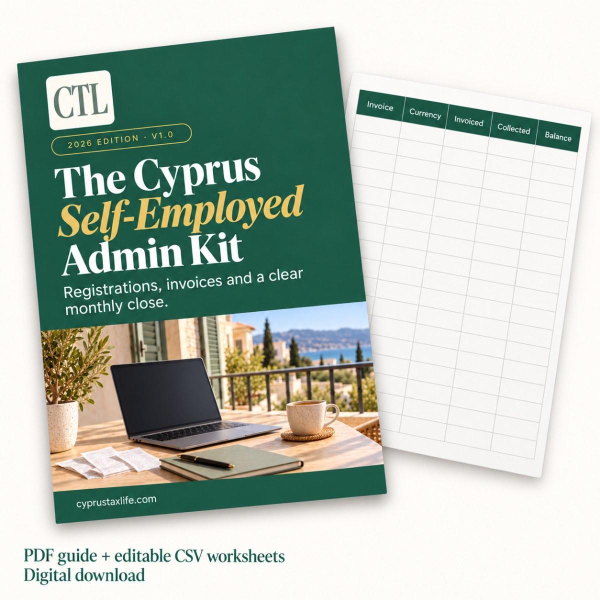 The Cyprus Self-Employed Admin Kit: the PDF guide and editable CSV worksheets