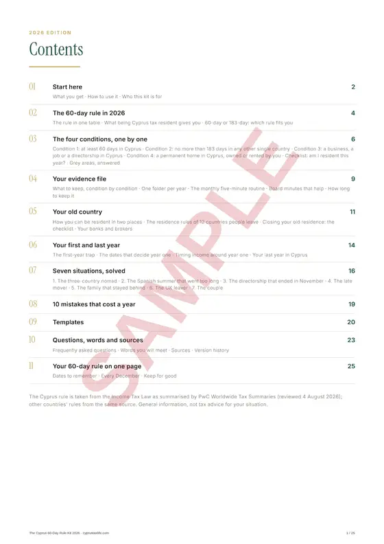 Contents, a sample page from The Cyprus 60-Day Rule Kit 2026