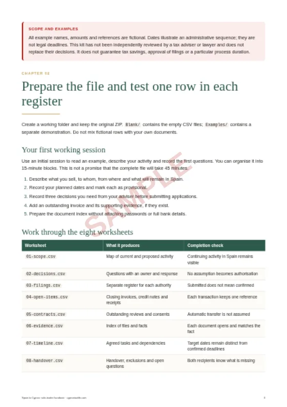 Use the eight worksheets, a sample page from The Spain to Cyprus Sole-Trader Handover Kit