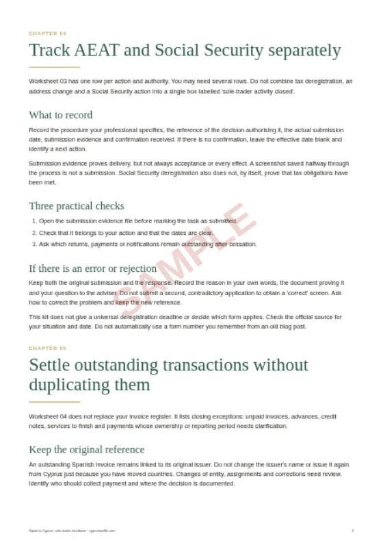 Filings and open items, a sample page from The Spain to Cyprus Sole-Trader Handover Kit