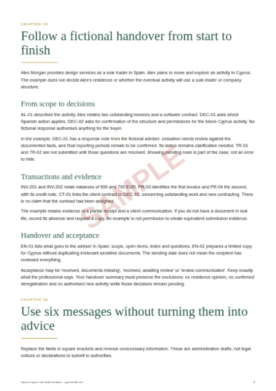 A fictional case and reusable messages, a sample page from The Spain to Cyprus Sole-Trader Handover Kit