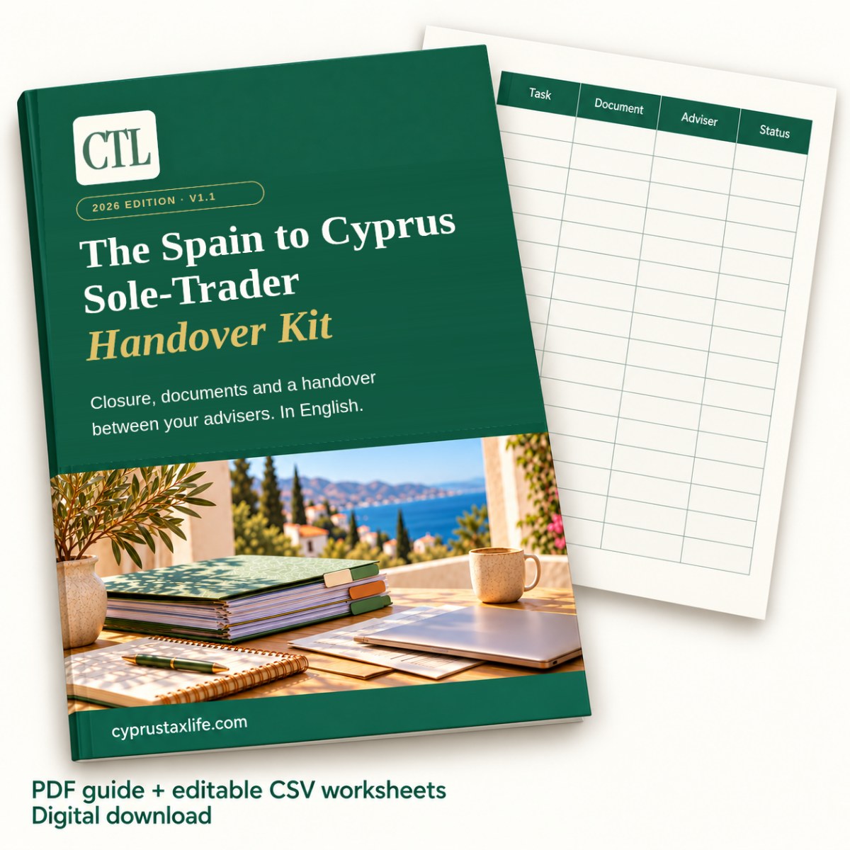 The Spain to Cyprus Sole-Trader Handover Kit: the PDF guide and editable CSV worksheets