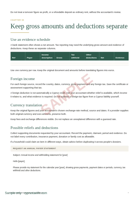 Gross income and deduction evidence, a sample page from The Cyprus Personal Tax Return Prep Kit