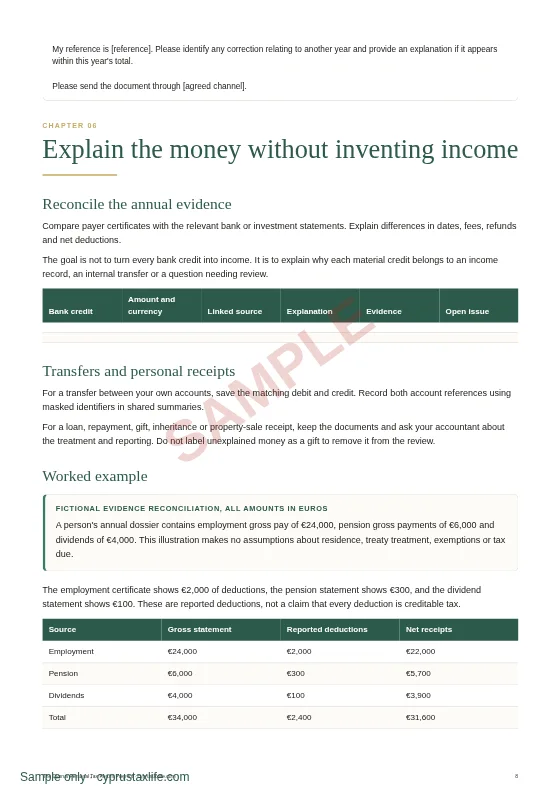 Explain transfers and bank differences, a sample page from The Cyprus Personal Tax Return Prep Kit