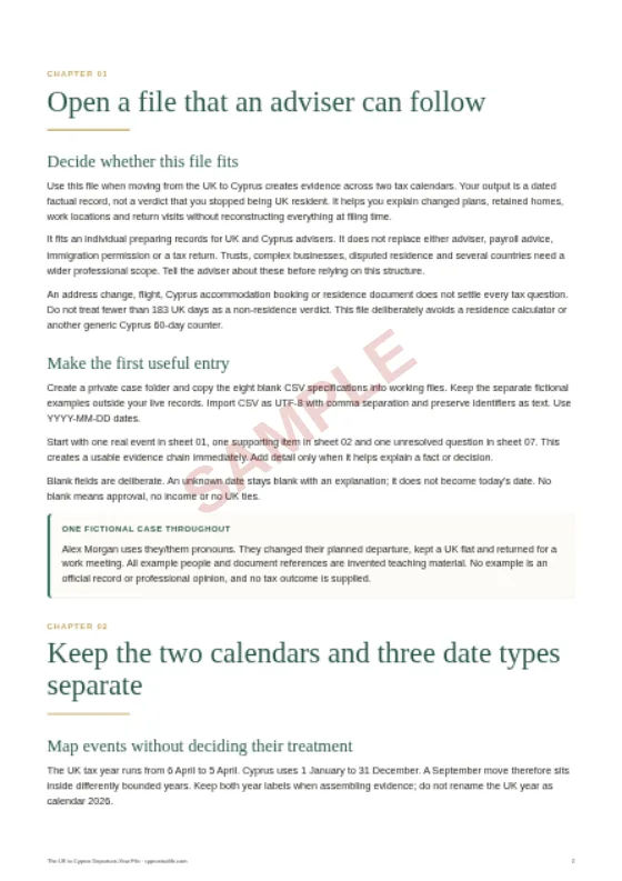 Two calendars and date types, a sample page from The UK to Cyprus Departure-Year File