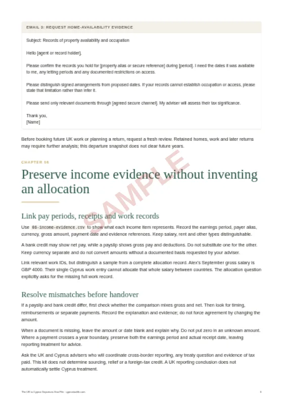 Income evidence without an invented allocation, a sample page from The UK to Cyprus Departure-Year File