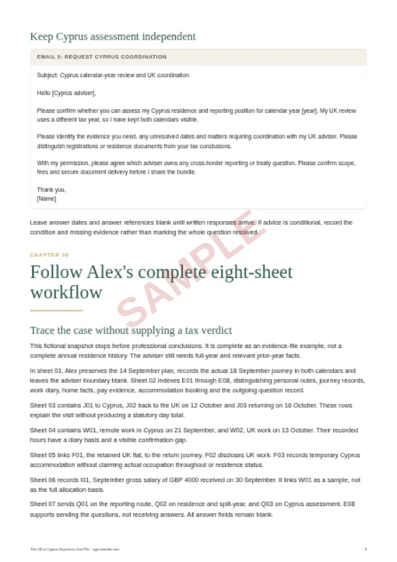 The linked fictional case, a sample page from The UK to Cyprus Departure-Year File