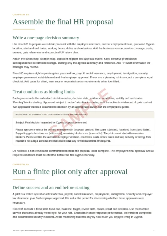 Approval gates and a conditional pilot, a sample page from The UK to Cyprus Remote Work Proposal Kit