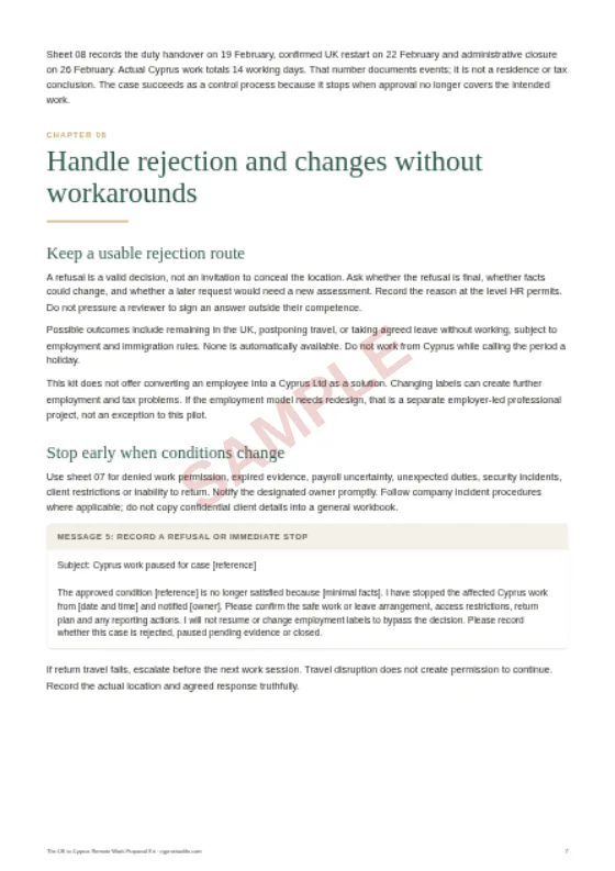 Rejection and early-stop handling, a sample page from The UK to Cyprus Remote Work Proposal Kit