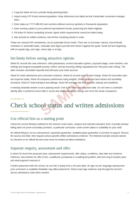Admissions and curriculum evidence, a sample page from The UK to Cyprus School Decision Workbook