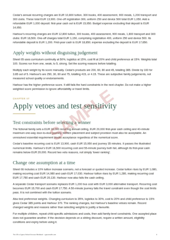 Constraint vetoes and sensitivity, a sample page from The UK to Cyprus School Decision Workbook