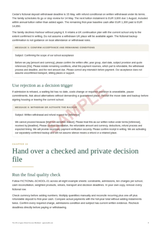 Private handover and quality control, a sample page from The UK to Cyprus School Decision Workbook